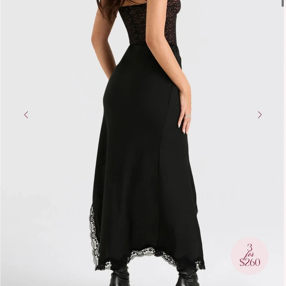 House of CB RUBY NWT Black Satin Lace Trim Midi Skirt Small - Picture 4 of 10